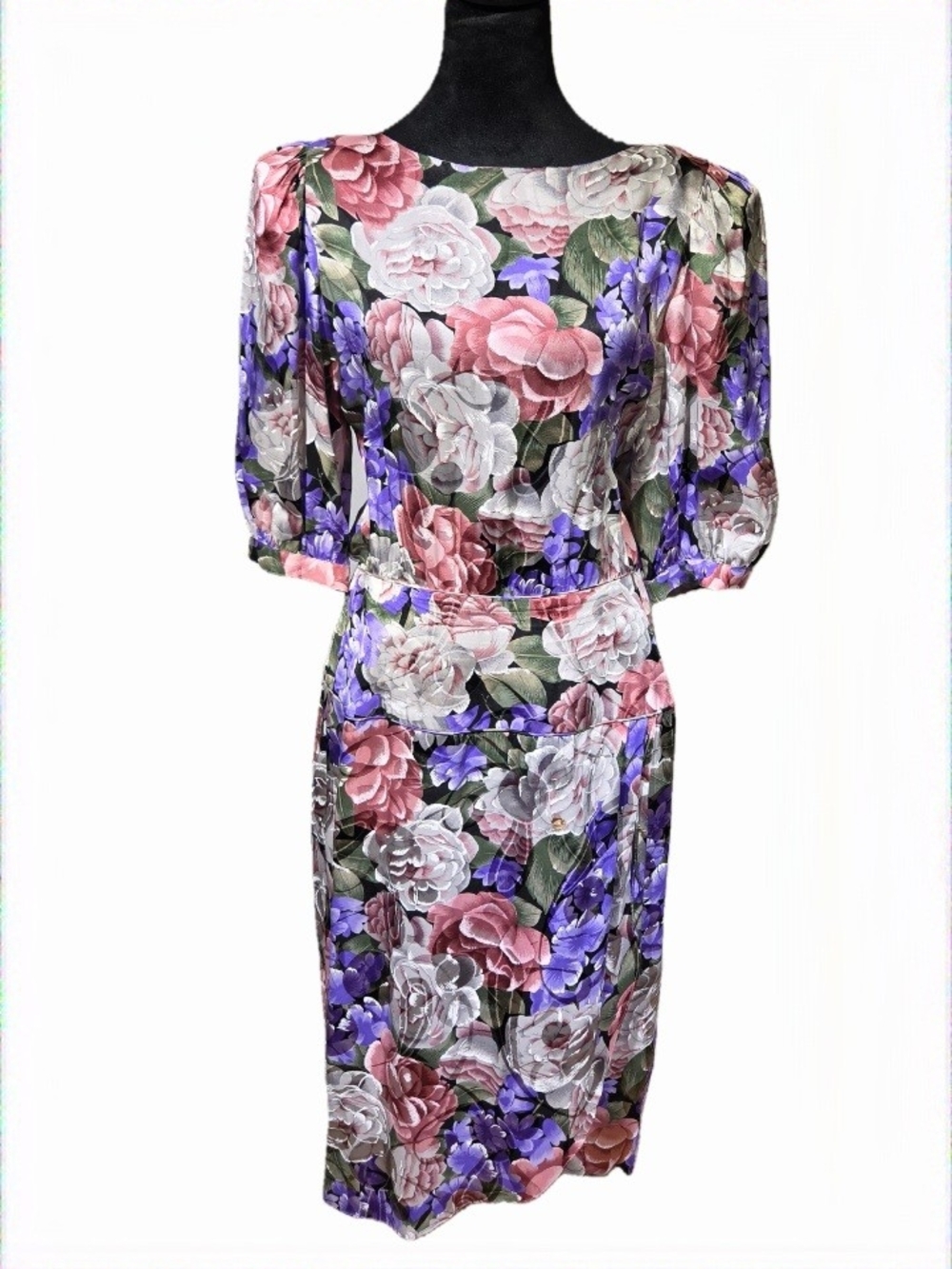 Vintage 80s Adrianna Papell 100% Purple Silk Floral Puff-Sleeve Midi Dress